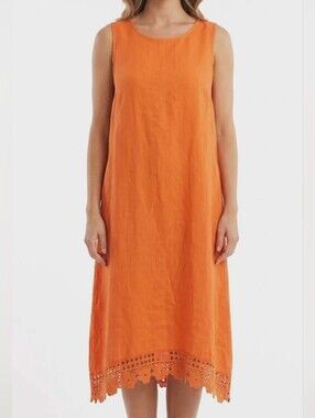 Terzo Melinnio Orange Sleeveless Dress with Lace Hem 100% Linen Made In Italy